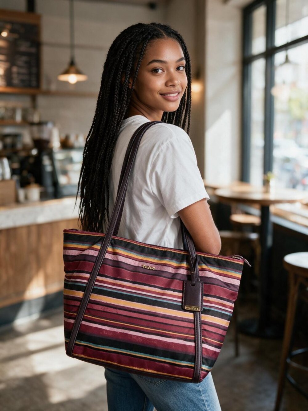 TUMI Voyageur Q $ 295 Plum Stripe Nylon/Leather Tote Bag